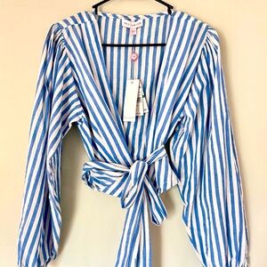 Blue White Striped Wrap Blouse | Puff Sleeve Tie Waist | Red Carter NWT Large